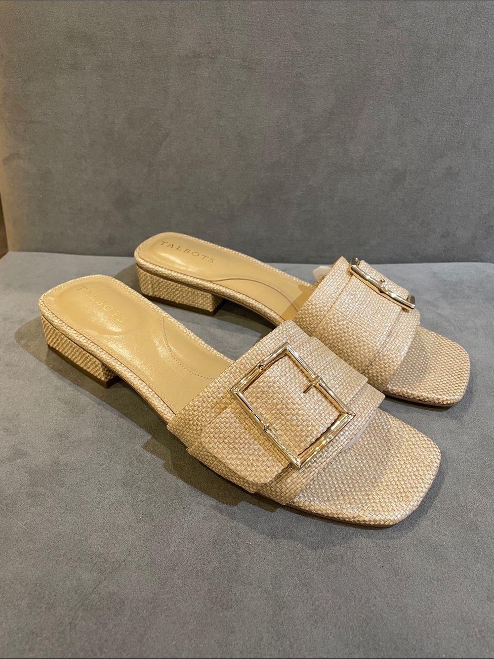 Talbots Natural Cream Sandals Raffia Look 10 Square-Toe Slide Mules Gold Buckle